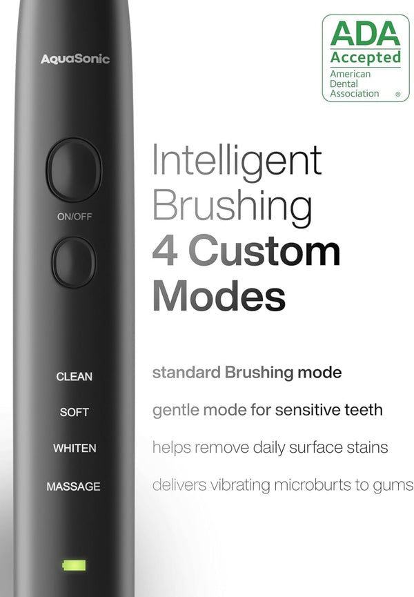 Aquasonic Black Series Ultra Whitening Toothbrush â ADA Accepted Electric Toothbrush- 8 Brush Heads & Travel Case â 40,000 VPM Electric Motor &