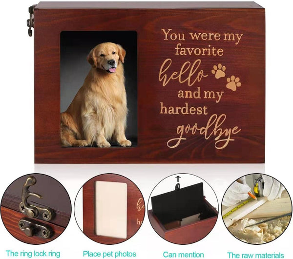 Pet Memorial Urns for Dog or Cat Ashes, Large Wooden Funeral Cremation Urns with Photo Frame, Keepsake Memory Box with Black Flannel Lining