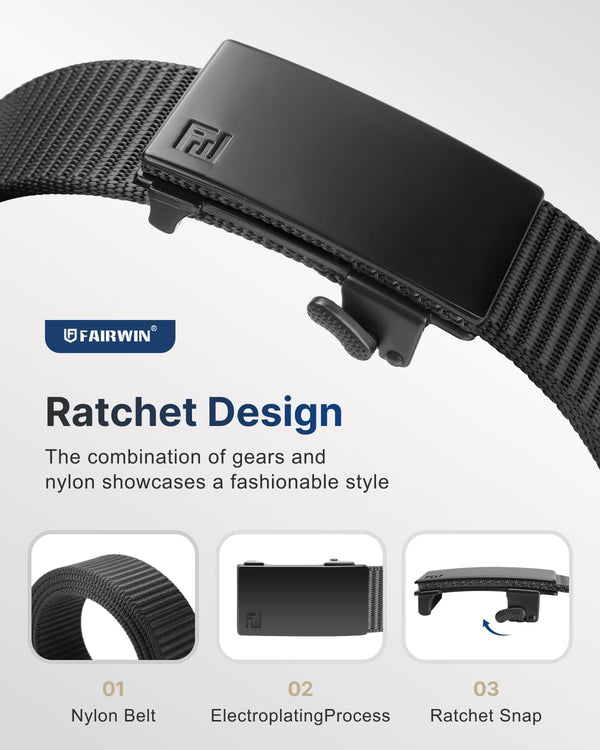 FAIRWIN Men's Ratchet Belt, Nylon Tactical Belt, Adjustable Ratcheting Buckle for Golf Work Casual Outdoor Hiking Daily Wear Black M(36"-42"waist)