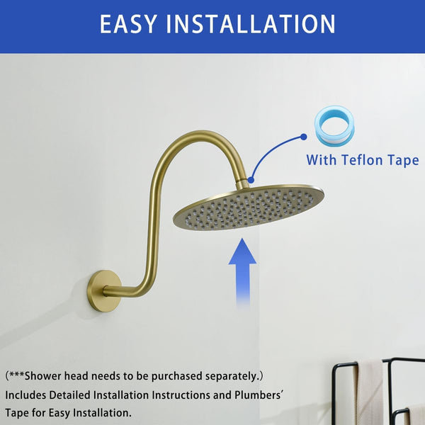 13 Inch High Rise S Shape Shower Extension Arm with Flange,Brushed Gold Shower Head Extender Arm Wall Mounted,Standard 1/2" Connection-Bathroom