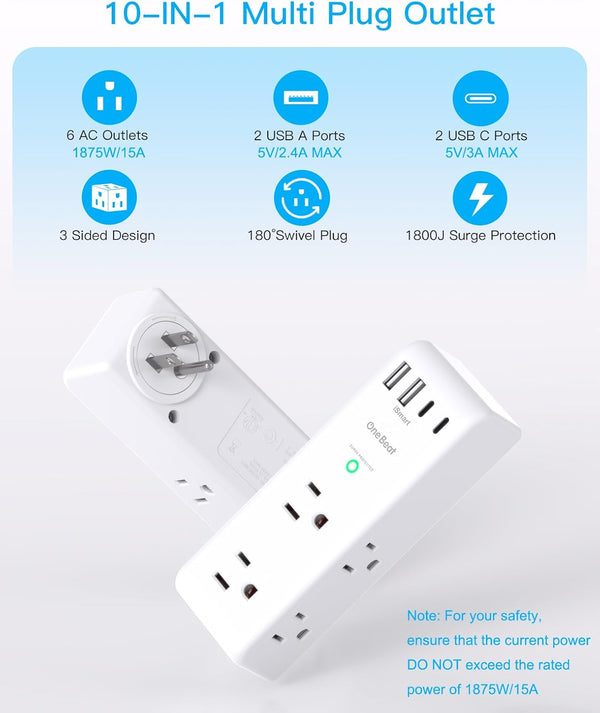 Surge Protector Outlet Extender with Rotating Plug, Multi Plug Wall Outlet 2C2A, 1 Pack White