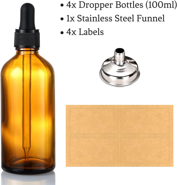 AOZITA 4 Pack, 100ml Dropper Bottles with 1 Funnel & 4 Labels - Essential Oils Bottles for Health, Personal Care & Beauty - 3.4oz Thick Dark Amber