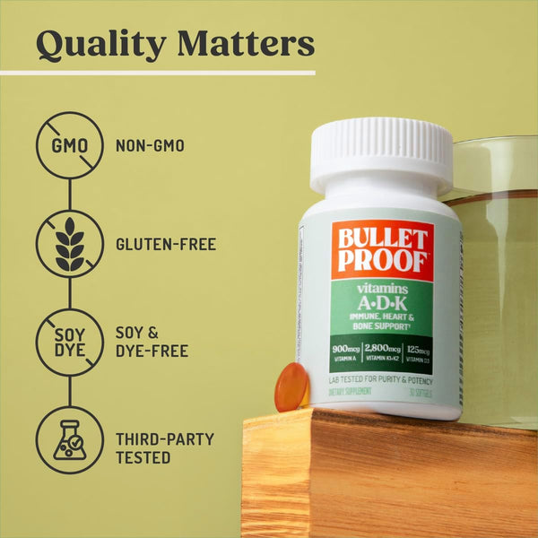 Bulletproof Vitamins A-D-K Softgels, 30 Count, Supplement for Heart, Bone Health and Immune Support 30 Count (Pack of 1) Softgels