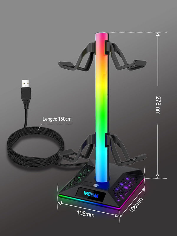 RGB Gaming Headphones Stand with 2 USB Ports Headset Stand with 10 Light Modes and Non-Slip Rubber, Suitable for All Earphone Accessories, Best