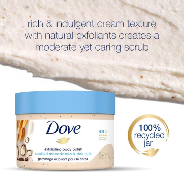 Dove Scrub Macadamia & Rice Milk Reveals Visibly Smoother Skin Body Scrub That Nourishes Skin 10.5 oz 10.5 Ounce (Pack of 1)