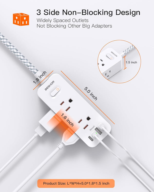 Power Strip Surge Protector, BESHON 5Ft Extension Cord, 6 Outlets with 3 USB Ports(1 USB C Outlet), 3-Side Outlet Extender, Wall Mount, Compact