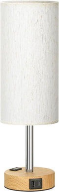 Fenmzee Bedside Table Lamp for Bedroom - 3 Way Dimmable Touch Lamp USB C Charging Ports and AC Outlet, Small Lamp Wood Base Round Flaxen Fabric