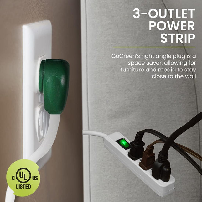 Go Green Power Inc. 2.5Ft 3-Outlet Power Strip - Compact, Durable, Ideal for Travel & Home Use with Right-Angled Plug an