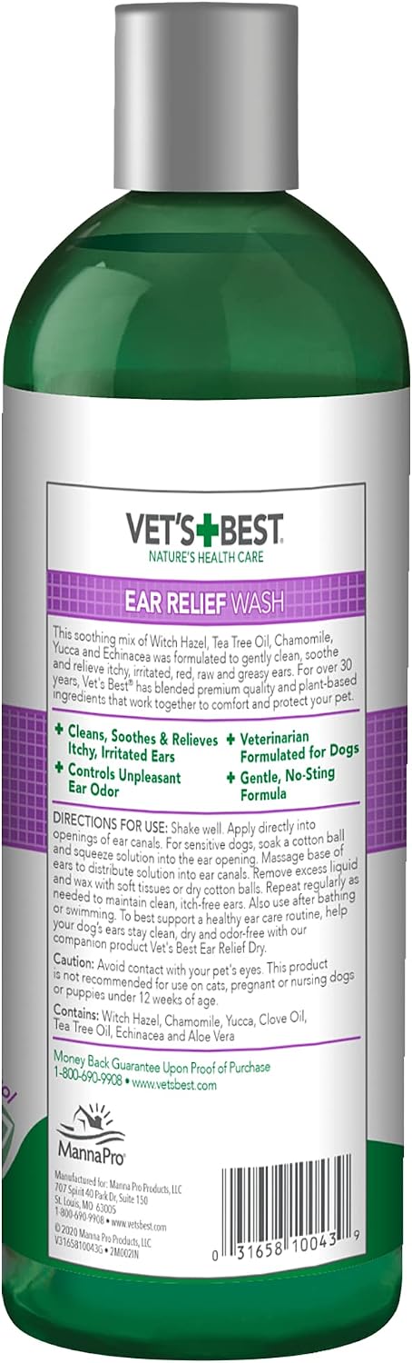 Vet's Best Dog Ear Relief Wash, No-Alcohol, Wax Control, No-Sting, 16 oz | Alcohol-Free Ear Cleanser, Helps Remove Wax & Debris, Controls Odors &