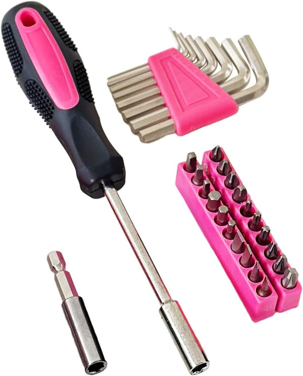 Hantinstom 39-Piece Household Tools Kit Essential Home Repair Set with Plastic Toolbox Ideal for College Students, Home Use & More 39pcs-PINK