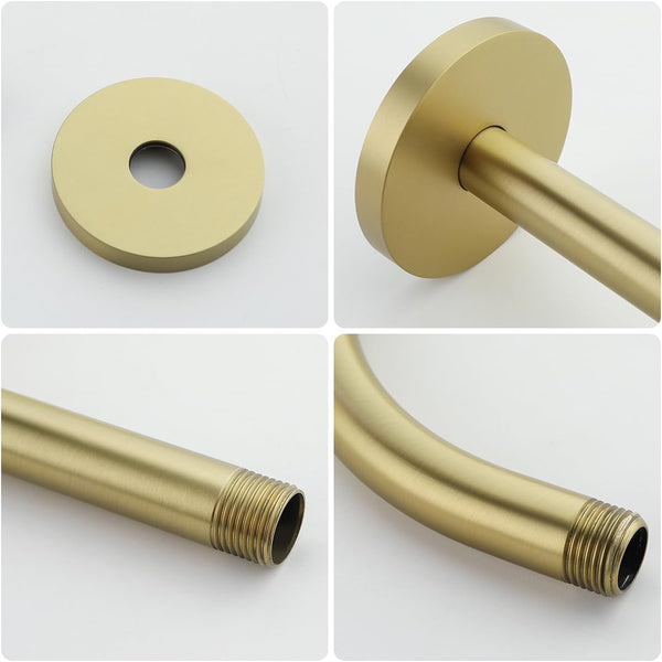 13 Inch High Rise S Shape Shower Extension Arm with Flange,Brushed Gold Shower Head Extender Arm Wall Mounted,Standard 1/2" Connection-Bathroom