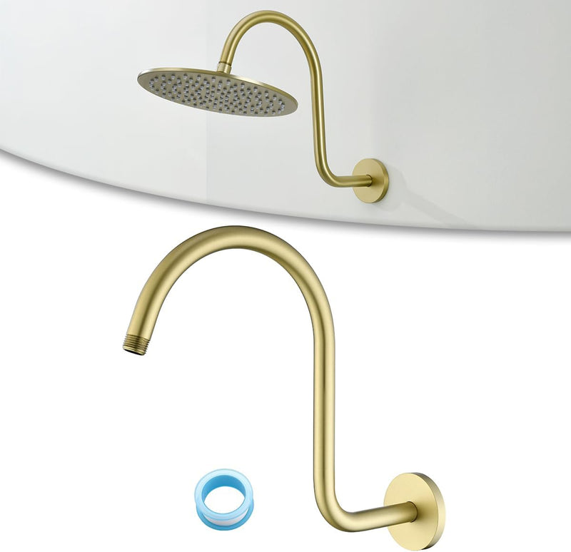 13 Inch High Rise S Shape Shower Extension Arm with Flange,Brushed Gold Shower Head Extender Arm Wall Mounted,Standard 1/2" Connection-Bathroom