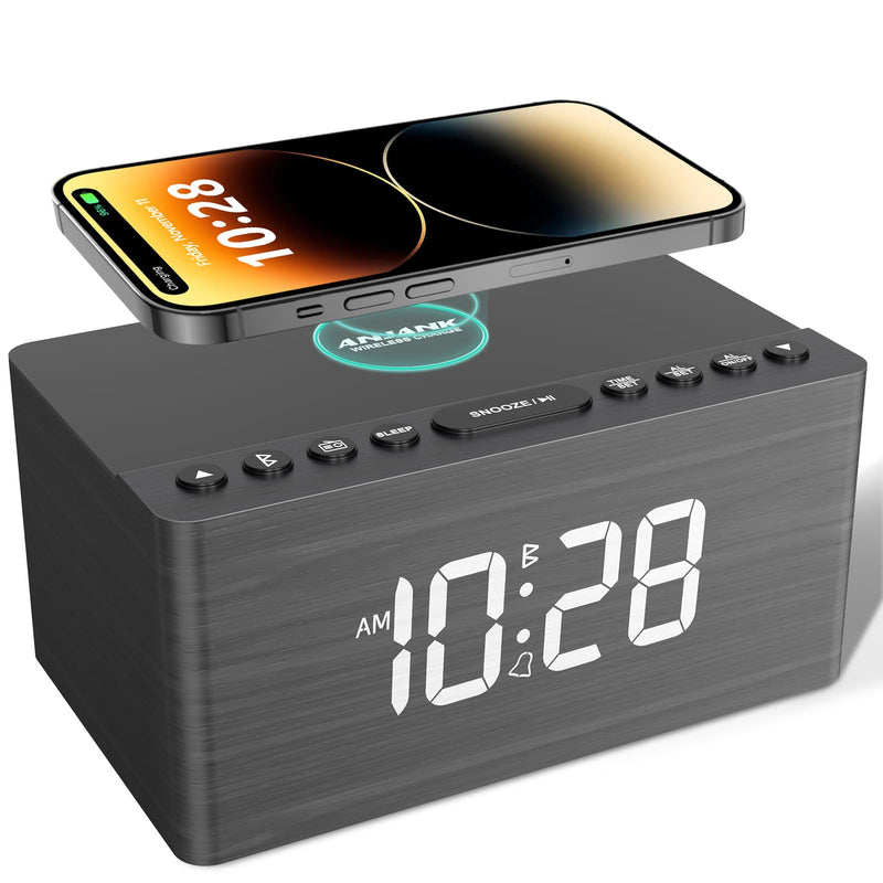 ANJANK Wooden Bluetooth Speaker Alarm Clock with Fm Radio, Wireless Charging Station for iPhone/Samsung, USB Charger Port, Dimmable Display, Sleep
