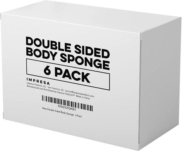 Impresa Double-Sided Body Sponge - White & Blue, Pack of 6 - Deep Exfoliation & Body Scrub Pad - Dual-Sided Design - Gentle Facial Cleanse & Face