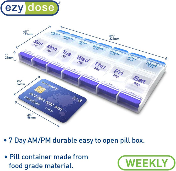 Ezy Dose Weekly (7-Day) AM/PM Pill Organizer, X-Large Case, Blue/Purple | Daily Vitamin Box & Supplement Medicine Planner, 2 Times a Day Push