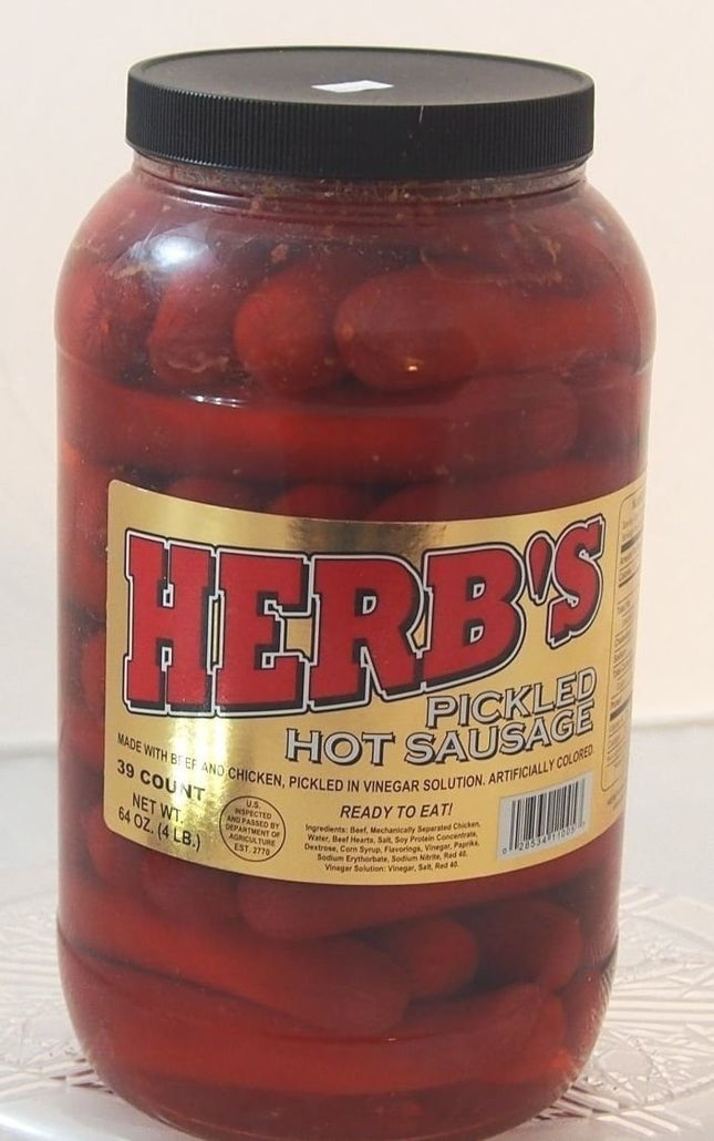 Herbs RED HOT Pickled Sausage (1 Gal. Jar) 39 Count Beef & Chicken No Pork ( fro
