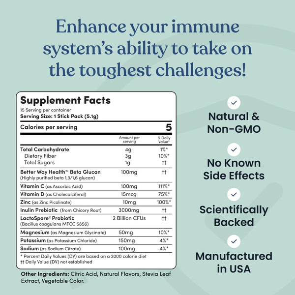 Immune Ready™ Immune Boost Drink Mix - All-In-One Immune Support, Gut Health, and Electrolyte Powder Packets with Vitamin C, Beta Glucan, Zinc,