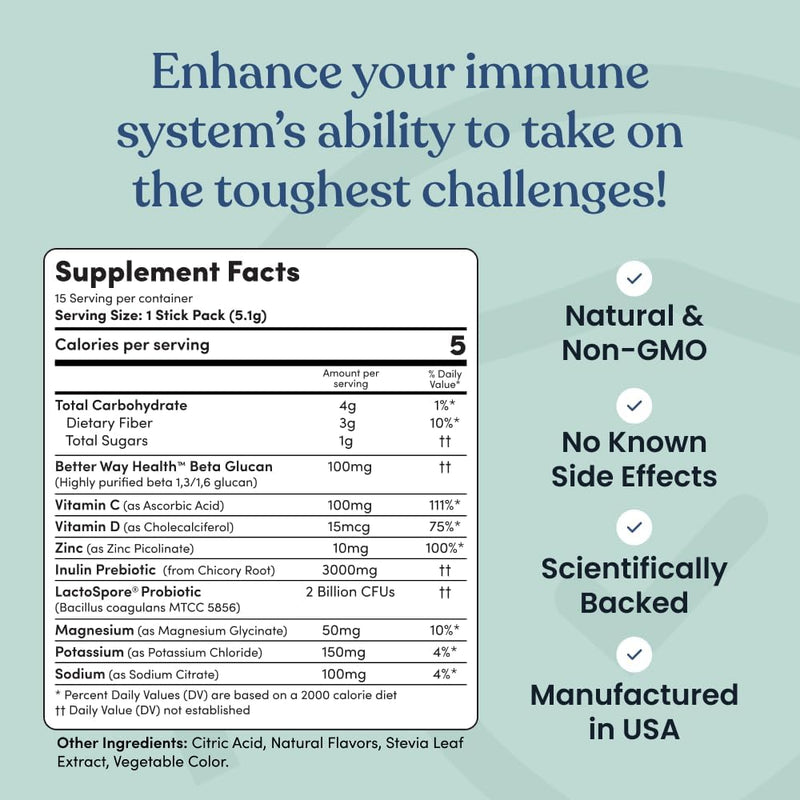 Immune Ready™ Immune Boost Drink Mix - All-In-One Immune Support, Gut Health, and Electrolyte Powder Packets with Vitamin C, Beta Glucan, Zinc,