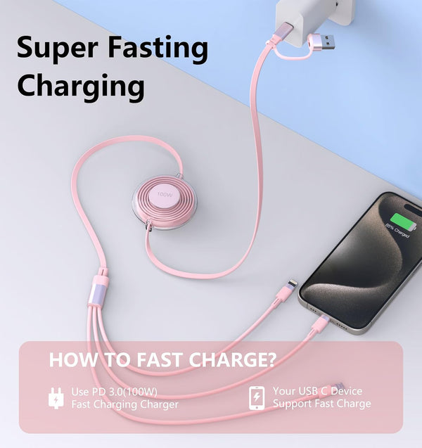 3-in-1 Retractable Multi Charging Cable, 100W Fast Charging USB-C/A to Lightning/USB-C/Micro USB Phone Charger Cord for iPhone 16/15, Samsung,