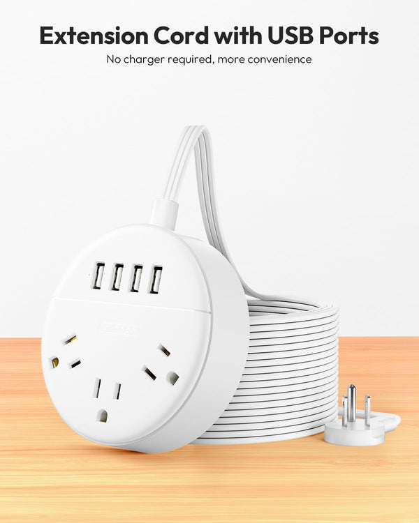 White Extension Cord 25 FT, Ultra Thin Flat Plug Power Strip with 4 USB Ports 3 Outlets, Wall Mountable, Non Surge Protector for Cruise Ship, Home