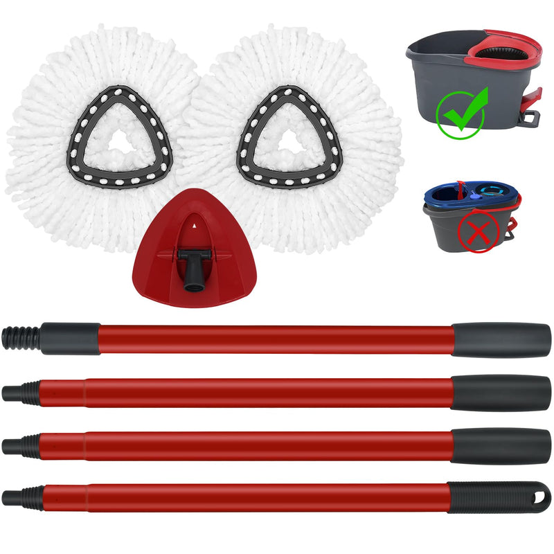 Mop Replace Heads Mop Handle and Mop Base Replacement for O Cedar EasyWring 1-Tank Spin Mop System, 2 Microfiber Mop Head Refills, 4-Section Iron