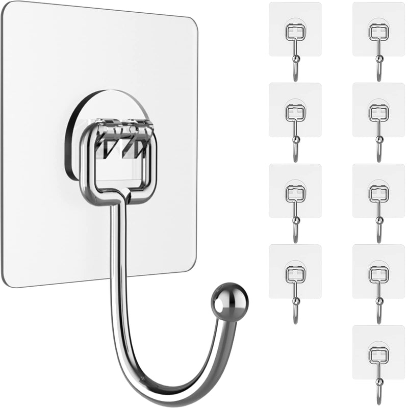 Large Hooks for Hanging Heavy-Duty 44Ib(Max) 10 Packs, Wall Hangers without Nails Self-Adhesive Traceless Clear and Removable, Waterproof and