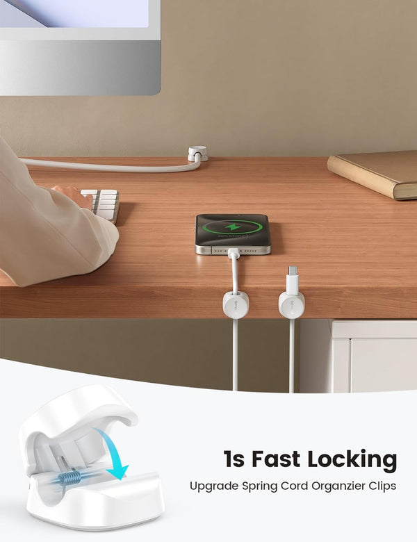 Lamicall 8 Pack Cord Organizer, [1s Lock] Spring Cable Management Clips - Adhesive Phone Cord Holder Clips for Nightstand Desk Car Office Home