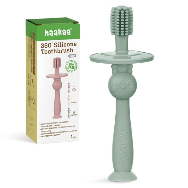 haakaa 360° Baby Toothbrush with Suction Base - Gentle Cleaning for Infant Self-Brushing Training, Food-Grade Silicone, Adjustable Safety Shield -