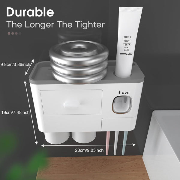 iHave Toothbrush Holders for Bathrooms, 2 Cups Toothbrush Holder Wall Mounted with Toothpaste Dispenser - Large Capacity Tray, Cosmetic Drawer -