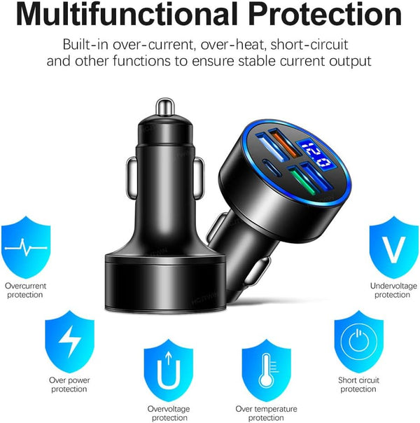 5 Port USB Car Charger(4USB+Type C) Compact Fast Charger Cigarette Lighter Adapter with LED&Voltage Monitor, Compatible with iPhone 14/Pro