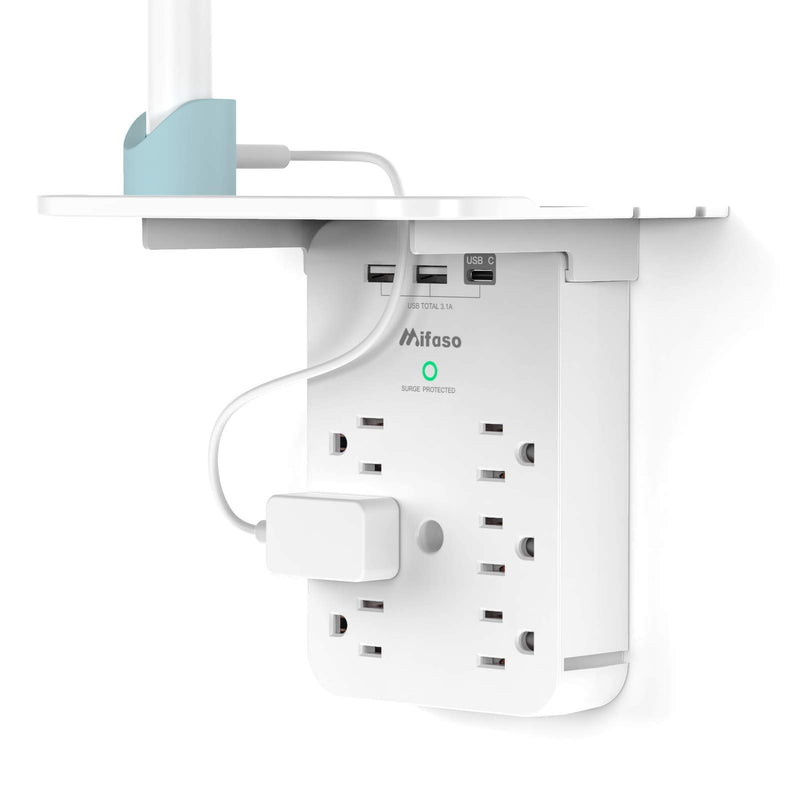 Wall Outlet Extender with Surge Protector, 6 AC Outlets, with Shelf 3 USB White