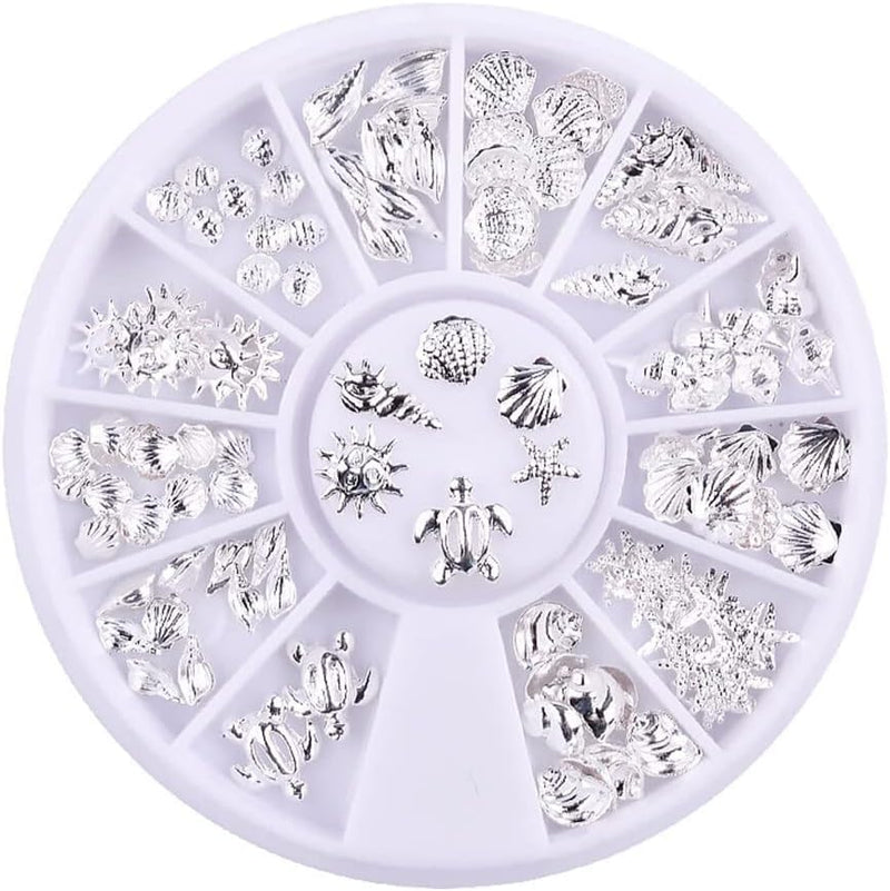 120Pcs/Pack Sliver Nail Art Decorations Mini Ocean Accessories Nail Art Rhinestones Silver Shell Conch Nail Charms Manicure Decor DIY Nail