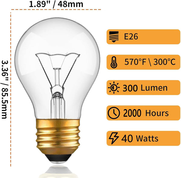 WokHok Appliance Oven Light Bulb, High Temp 300 °C Resistant,（2 Pack） A15/E26/120V/40 Watt Appliance Replacement Bulb for Refrigerator Over Stove