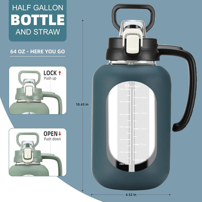 64 Oz Glass Water Bottle with Straw and Handle Half Gallon Water Jug with Silicone Sleeve Large Water Bottle for Office,