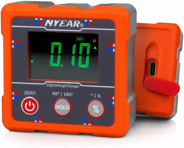 NYEAR Digital Electronic Angle Gauge (Type-C Rechargeable), Four Sided Strong Magnet, IP67 Waterproof Rating, Measures 0-90 and 0-180 Degree