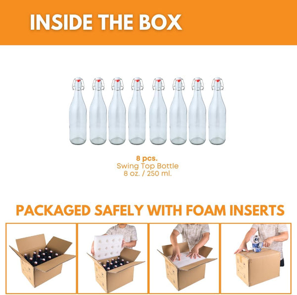 FastRack Swing Top Glass Bottles |8.5 oz – Pack of 8 | Clear, Flip Top Glass Bottles for Home Brewing, Carbonated Drinks, Kombucha, Fermentation,