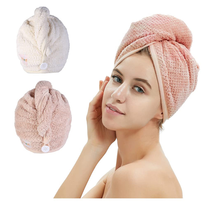 M-bestl 2 Pack Microfiber Hair Towel Wrap,Quick Dry,Anti-frizz(Pink&Beige) | Hair Drying Towel for Women with button,lightweight,Anti-frizz