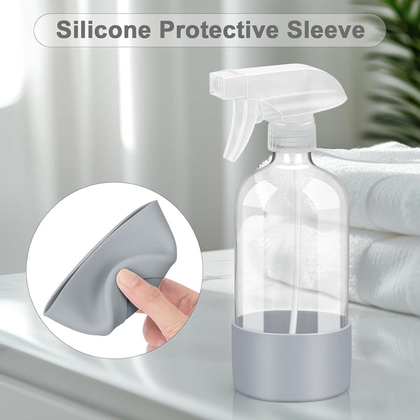 Worldgsb 2 Pack Glass Spray Bottles with Silicone Sleeve, 16 oz Empty Refillable Containers with Adjustable Spray Nozzles, Spray Bottles for Hair,
