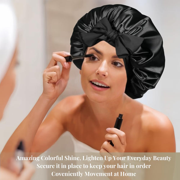 Silk Bonnet for Sleeping Women, Ajustable Hair Bonnet for Curly Hairs Satin Bonnet Reduce Friction Prevent Frizz Black，Large Large Black