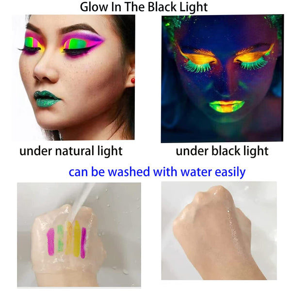 12 PCS Glow Face Body Paint, Glow In The Dark Under UV Black Light Sticks Makeup Neon Face Painting Kits for Adult Halloween Festival Accessory