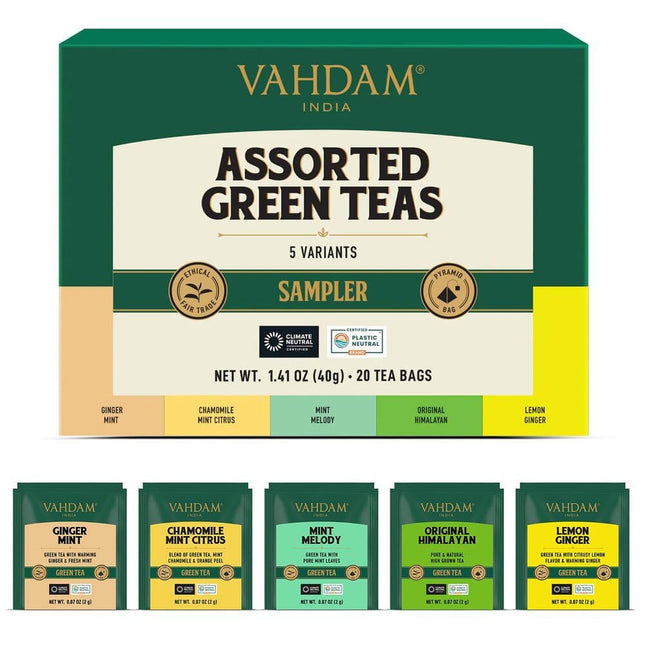 VAHDAM, Assorted Green Tea Bags Sampler (5 Flavors, 20 Ecofriendly Pyramid Tea B