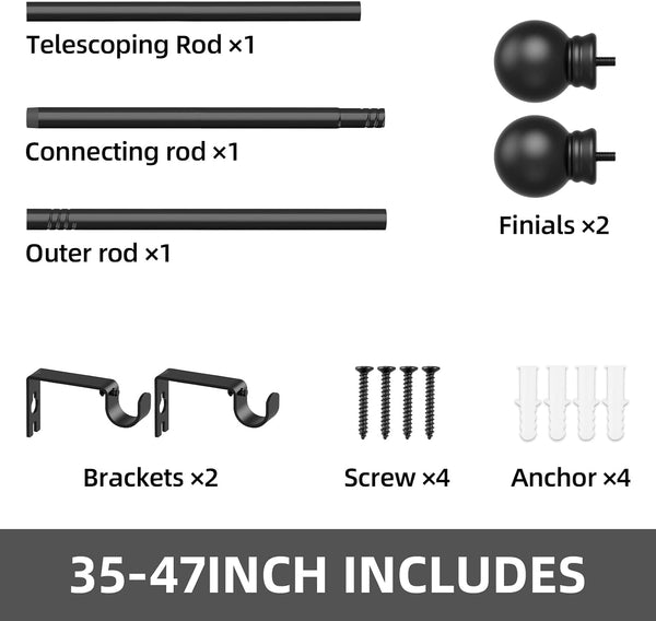 GXOACKJ Curtain Rods for windows 32-48 inch, 5/8 inch Decorative Curtain Rod Set, Matte Black Splicing Heavy Duty Metal Curtain Rod with Brackets