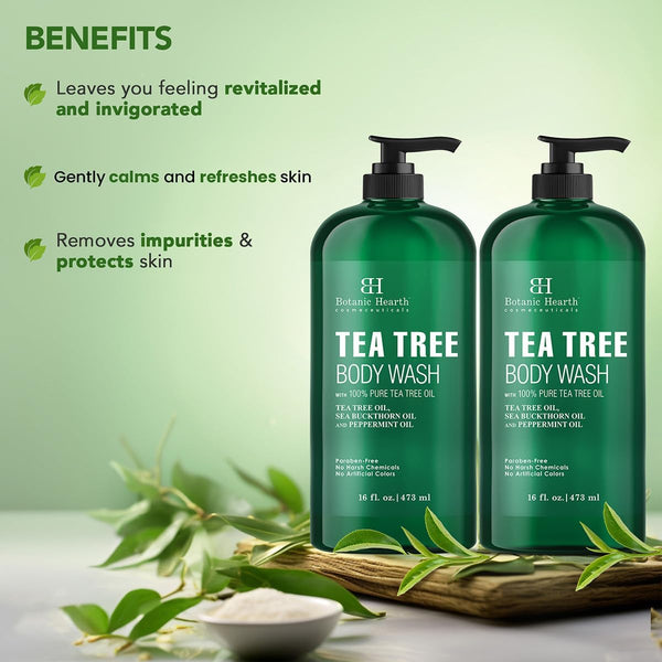 Botanic Hearth Tea Tree Body Wash, 16 Fl Oz (473 ml) Pack of 2 | With Tea Tree Oil, Peppermint & Sea Buckthorn | Gently Cleanses, Refreshes &