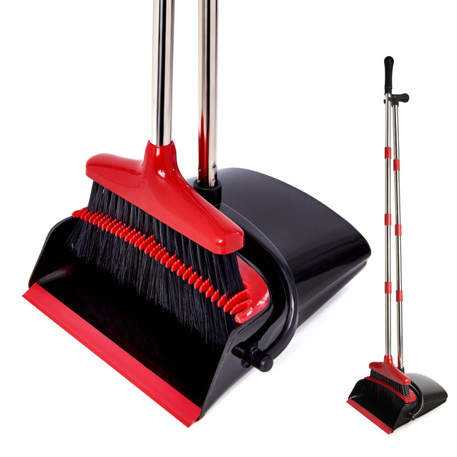 Broom and Dustpan Set with Long Handle, Light Weight Stainless Steel Poles Stand