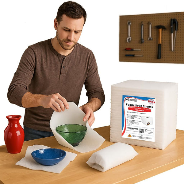 Mighty Gadget 100-Pack Foam Packing Sheets, 12" x 12" (1/16" Thick) Polyethylene, Pre-Cut Non-Abrasive Cushioning for Moving Shipping Storage,