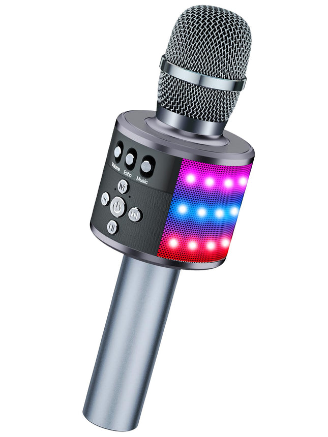 BONAOK Karaoke Microphone for Kids & Adults - Bluetooth Microphones Singing Mic with Disco Lights, Echo Effect, Built-In