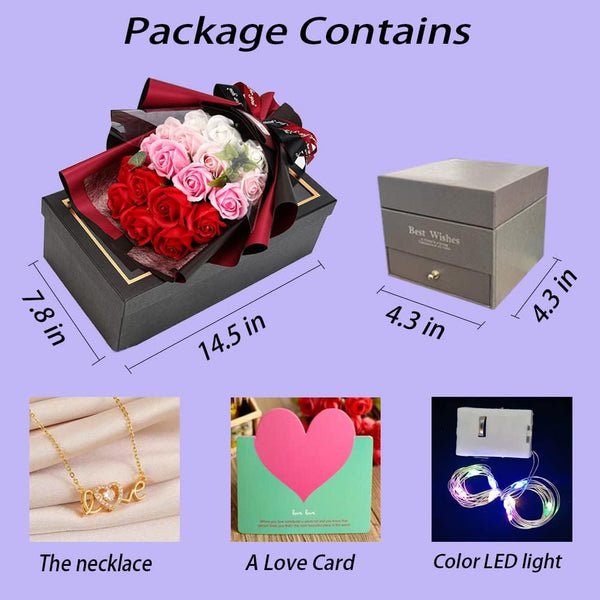 EIGHTOWN Roses Bouquet Artificial Flower - Preserved Red Rose Flowers with Love Necklace for Her - Unique Gifts Valentine's Day, Mother's Day,