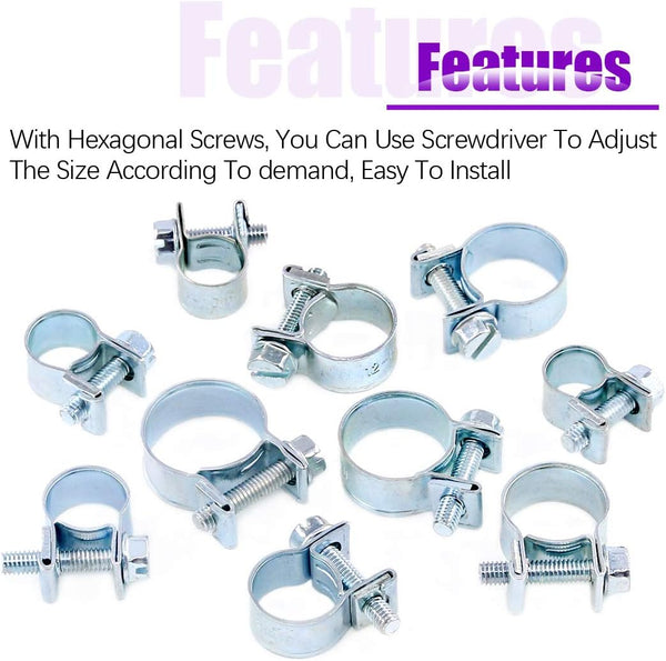 Swpeet 92Pcs 10 Sizes Zinc Plated Mini Fuel Injection Line Style Hose Clamp Assortment Kit Perfect for Automotive, Agriculture, Plant & Construction