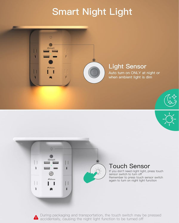Wall Outlet Extender with Shelf and Night Light,Surge Protector,Usb Wall Charger with 5 AC Outlets and 3 USB Ports 1 USB C Outlet Wide Space