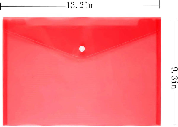 Poly Envelope 12 Pcs Document Envelopes with Snap Button Quality Clear Document Folder for A4 Size (Red)